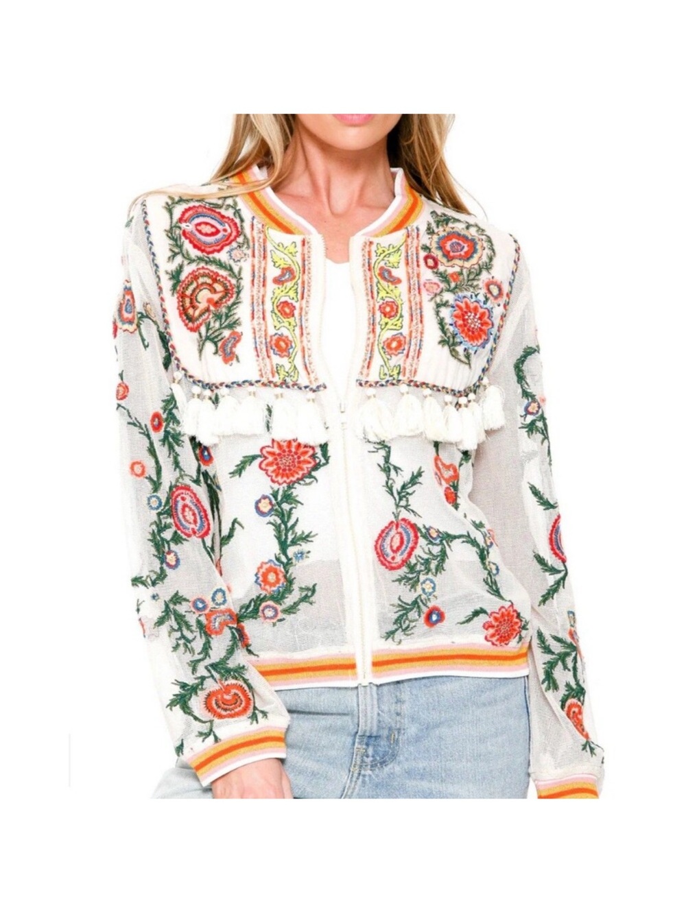 Aratta Embroidered White Floral Zip Bomber Jacket